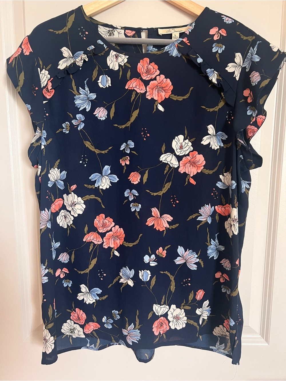 Les Serein Navy Floral Ruffle Sleeve Blouse